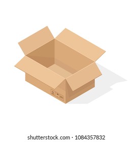 Open brown paper cardboard box. Isometric style. Vector illustration