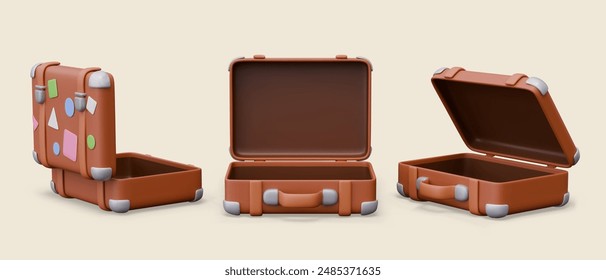 Open brown suitcase in different positions. Tourist bag with colorful stickers