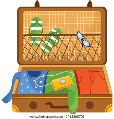 Open brown suitcase with neatly packed summer vacation clothes and accessories. Travel preparation and packing concept vector illustration.