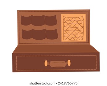 An open brown travel suitcase. Vector illustration isolated on a white background. An open luggage case. An empty bag, a box for travel and leisure trips.