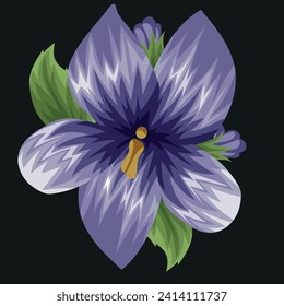  open bud of field flower violet, unopened bud of violet and green leaves on black background, vector