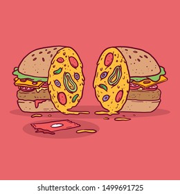 Open Burger with pizza in the middle vector illustration. Fast Food, restaurant, meal design concept
