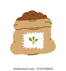 Saco aberto de burlap cheio de solo orgânico para jardinagem, ilustração vetorial.

Ilustração à mão desenhada de um saco têxtil marrom cheio de solo ou composto fértil escuro