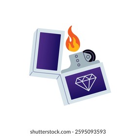 Open burning fashion fluid lighter. Design of modern gas equipment to flame, fire cigarette. Stylish smoking accessory with pattern, print. Flat isolated vector illustration on white background