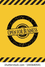 Open for Business black grunge emblem inside yellow warning sign. Vector Illustration. Detailed.