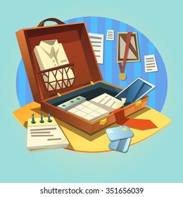 Open business briefcase with retro cartoon businessman suit and working items vector illustration