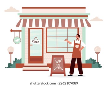Open business concept. Man at cafe or restaurant with sign, new building or shop. Outdoor advertising and marketing. Launch event celebration, grand opening. Cartoon flat vector illustration