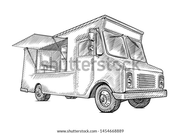 Open for business food truck vector\
line art illustration. Black and white isolated\
van.