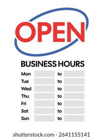 Open Business Hours Sign – Storefront Availability Display, Retail Schedule Notice, Customizable Operating Time Template, Workplace Entrance Indicator