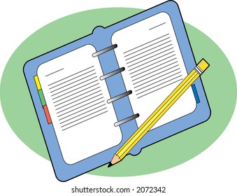 Open business journal with a pencil on green background