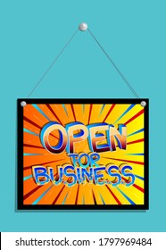 Für Geschäftszeichen geöffnet. Comic-Cartoon-Banner mit abstraktem Comichintergrund. Marketing, Werbung, kommerzielle Illustration.