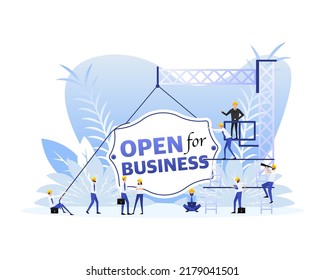 Open for business sign door, many people. Vector illustration