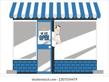 Open business vector illustration. Flat tiny commerce beginning persons concept. Text banner on market shop as advertisement note for customers. we are open written on a blackboard in front of cafe.