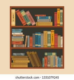 Open cabinet with many different books. Bookcase, shelf, rack. Vector illustration
