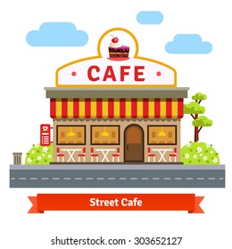 Open cafe building facade with outdoor street chair seats and tables. Flat style vector illustration isolated on white background.