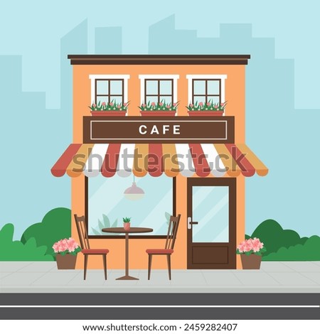 Open cafe building facade with outdoor street chair seats and table. Street cafe.Traditional popular place to meet, drink and eat.Flat style vector illustration isolated on white background.