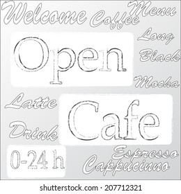 Open cafe.Cafe meni . Welcome .