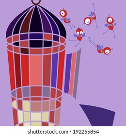 Open cage with birds in purple color