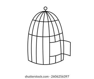 Open cage concept line doodle icon. Flat concept open cage of liberation, freedom sticker. Isolated on white background. Vector illustration
