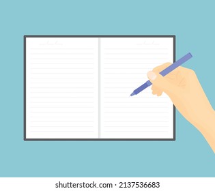 open calendar, diary and hand holding pen - vector illustration