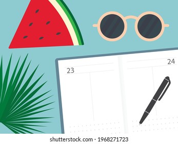 open calendar with pen, watermelon, palm leaf, sunglasses; making summer plan concept - vector illustration