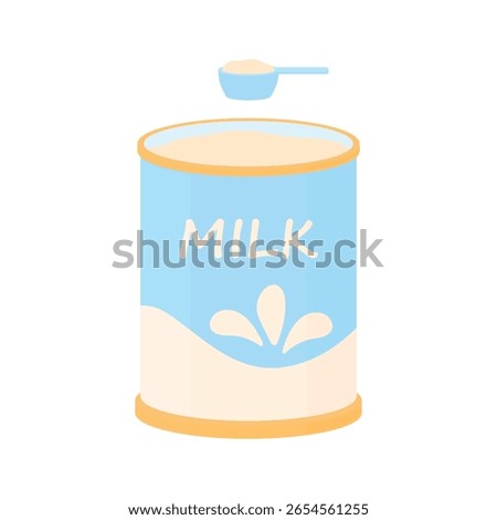 Open can of baby formula and full measuring spoon. Concept of feeding a newborn baby. Aluminum can of baby food.