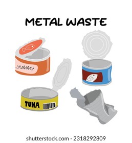 Open can of food vector set. Canned food vector illustration set. Aluminum products. Metal waste. Recycled garbage. Flat vector isolated on white background. Food tin clipart. Trash. Rubbish.