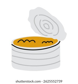 Lata aberta de comida com conteúdo visível e tampa em cima durante a preparação da cozinha