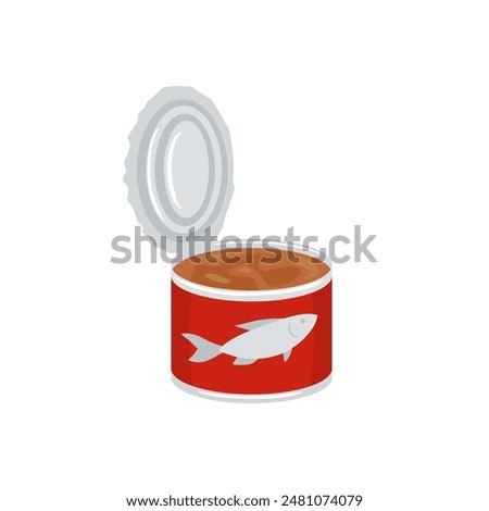 Open can of preserve fish. Vector flat icon. 