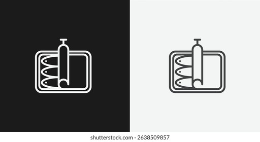 Open Can of Sardines with Key on Black and White Backgrounds, Representing Canned Food or Seafood, White Outline Icon