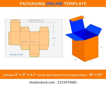 Open Candle With box, Dieline Template, 3x3x4.1 inch