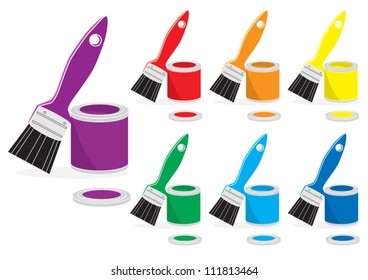 Open cans of paint and paintbrushes in the colours of the rainbow or spectrum on a white backgroud for your decoration concept, vector illustration