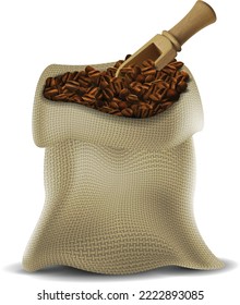 Open canvas bag with coffee beans and scoop on a white background. Highly realistic illustration.