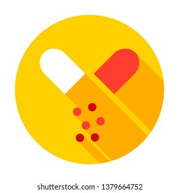 Open Capsule Circle Icon. Vector Illustration with Long Shadow. Medicine Item.