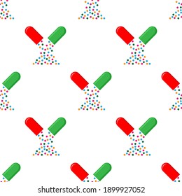 Open Capsule Icon Seamless Pattern, Medicine In Cylindrical Shape Shell Vector Art Illustration