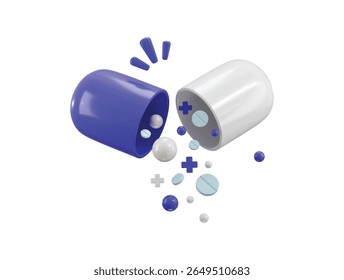 Open Capsule Icon with Tablets 3D Render – Pharmaceutical Medicine, Drug Icon, Medical Pills Vector Illustration