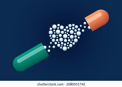 Open capsule with medicine, pellets of medical preparation are shaped like heart symbol. Concept of medicines for treatment of heart diseases, vitamins for health of cardiovascular system