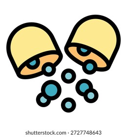Open capsule pill dispensing medication as small round blue balls on a white background