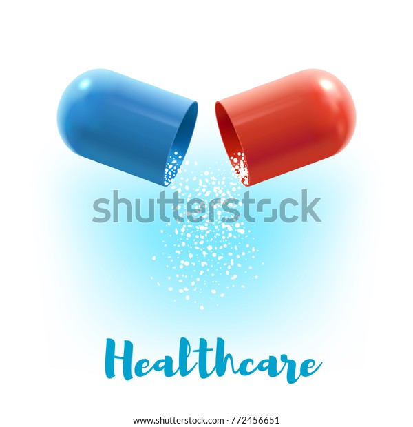 抜け落ちた顆粒3dイラストを使ったカプセルピルを開く 薬剤 薬剤 処方薬のテーマデザイン用の薬剤を入れたカプセル の青と赤の硬い殻を持つ医療ポスター のベクター画像素材 ロイヤリティフリー