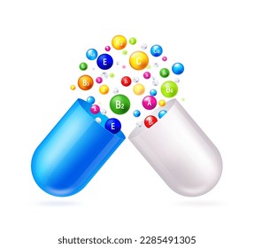 Open capsule pill with falling out colored molecules in realistic style isolated on transparent background