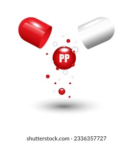 Open capsule pill with falling out molecules. Nicotinic acid, PP vitamine. Vector illustration. EPS 10.