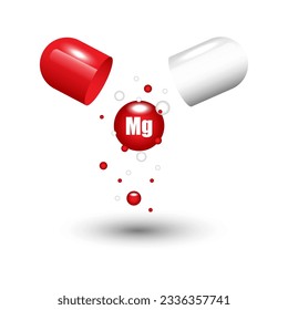 Open capsule pill with falling out molecules. Vitamin Mg, magnesium. Vector illustration. EPS 10.