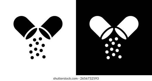 Icono abierto de la píldora de la cápsula en sistema sólido negro plano del Vector