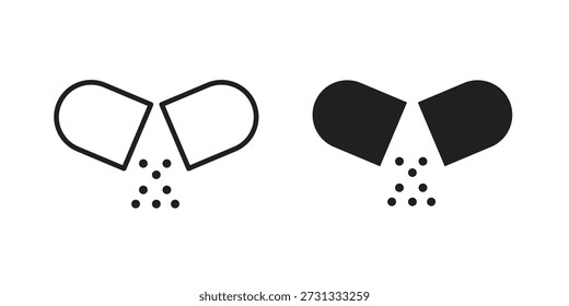 Abra el icono de la píldora de la cápsula sobre fondo blanco. Icono de Vector de stock