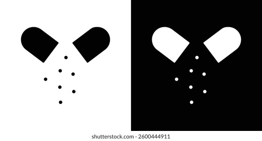 Open capsule pill icons vectors set in solid style.