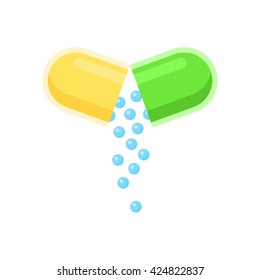 Open capsule pill sign, small balls pouring drug medical. Vector illustration icon isolated on white background.