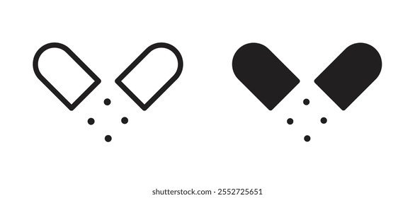 Conjunto de íconos de Vector de píldora de cápsula abierta con estilo relleno y delineado negro.