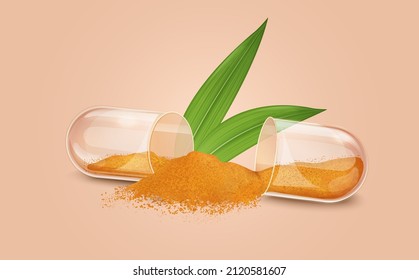 An Open Capsule With Turmeric Powder And Leaves-vector Illustration