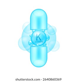 Open capsule vertical with blue vitamin K on white background. Pill vitamins complex collagen. Used for design cosmetic or dietary supplement products. 3D vector.