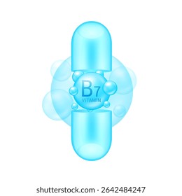 Vertical de cápsula abierta con vitamina B7 azul sobre fondo blanco. Píldora vitaminas complejo de colágeno. Se utiliza para diseñar productos cosméticos o suplementos dietéticos. Vector 3D.